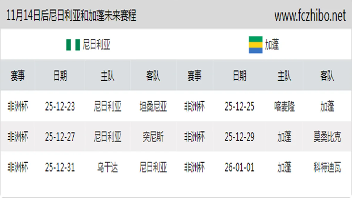 11月14日后尼日利亚和加蓬近期赛程预览