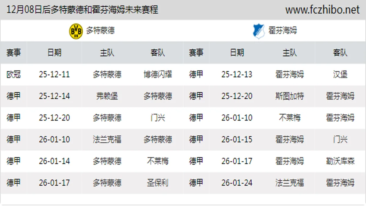 12月08日后多特蒙德和霍芬海姆近期赛程预览