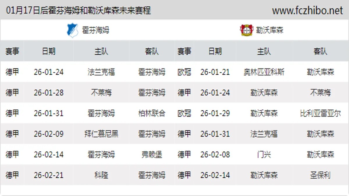 01月17日后霍芬海姆和勒沃库森近期赛程预览
