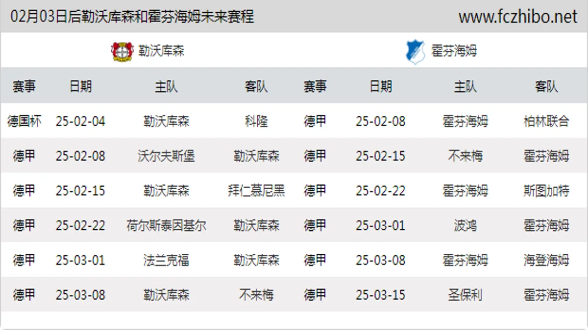 02月03日后勒沃库森和霍芬海姆近期赛程预览