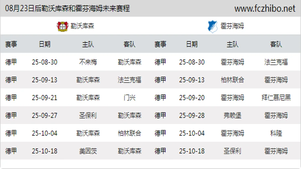 08月23日后勒沃库森和霍芬海姆近期赛程预览