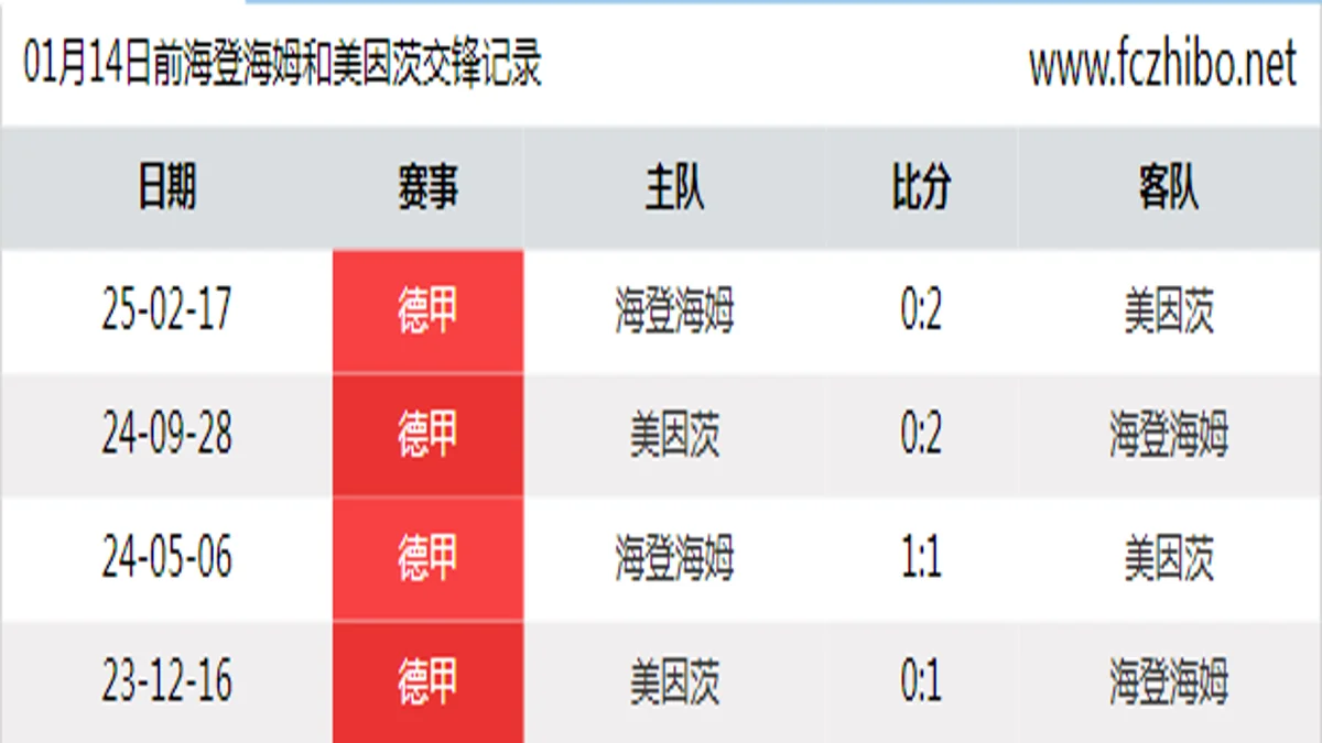 01月14日前海登海姆和美因茨最近4场交锋数据