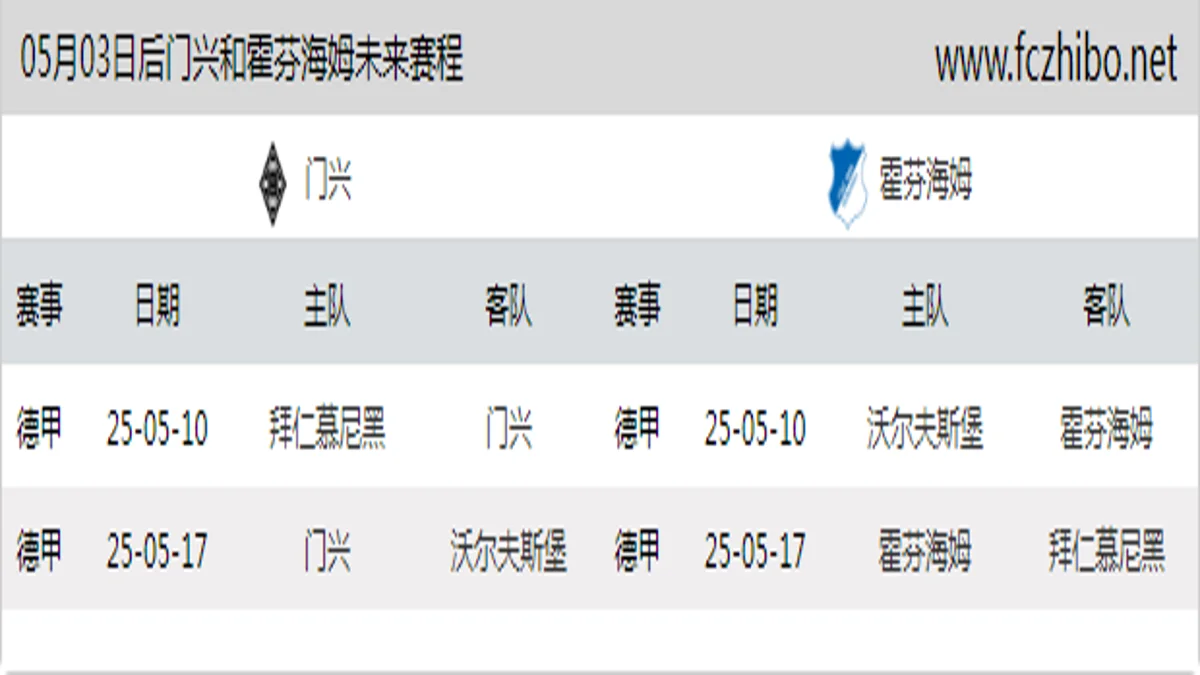 05月03日后门兴和霍芬海姆近期赛程预览