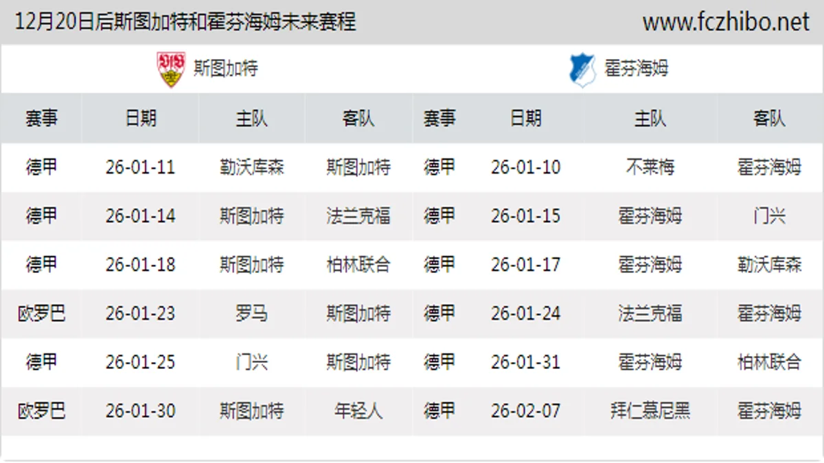 12月20日后斯图加特和霍芬海姆近期赛程预览