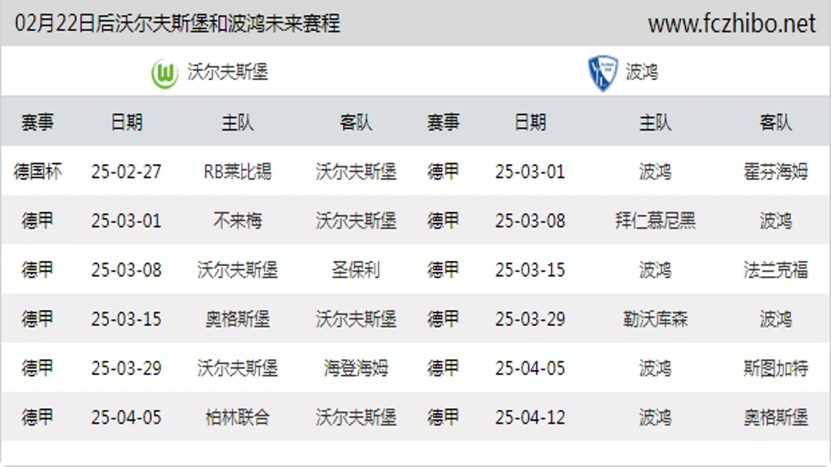 02月22日后沃尔夫斯堡和波鸿近期赛程预览
