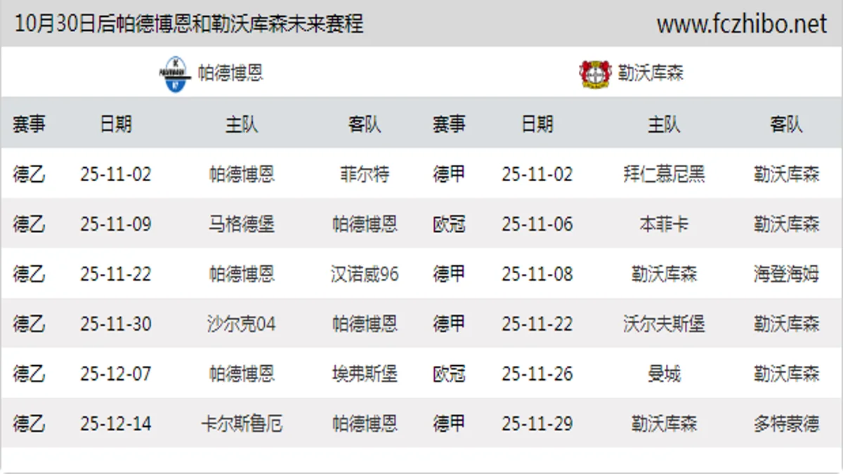 10月30日后帕德博恩和勒沃库森近期赛程预览
