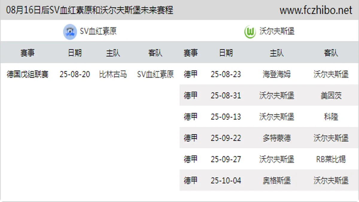 08月16日后SV血红素原和沃尔夫斯堡近期赛程预览