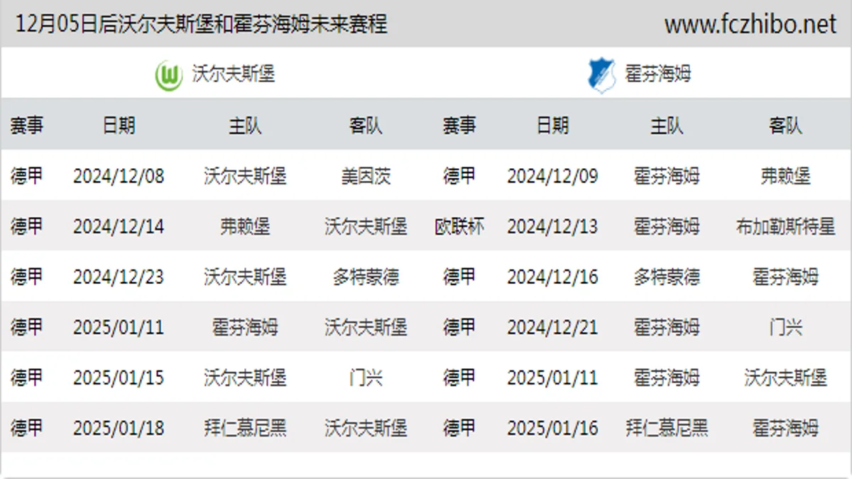 12月05日后沃尔夫斯堡和霍芬海姆近期赛程预览