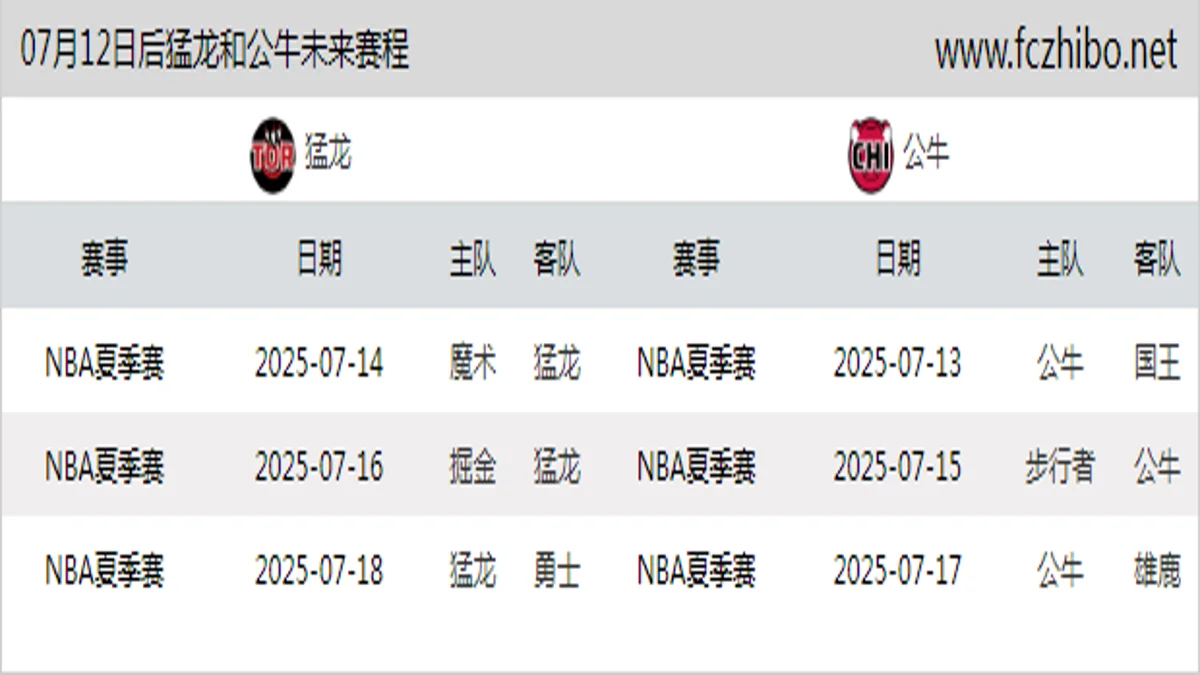 07月12日后猛龙和公牛近期赛程预览