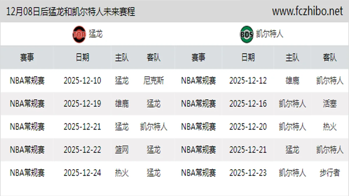 12月08日后猛龙和凯尔特人近期赛程预览