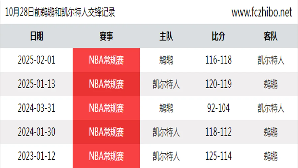 10月28日前鹈鹕和凯尔特人最近5场交锋数据
