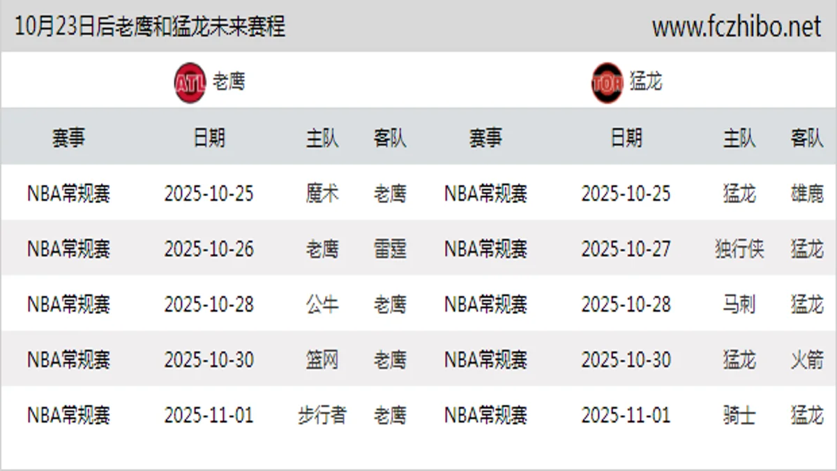 10月23日后老鹰和猛龙近期赛程预览