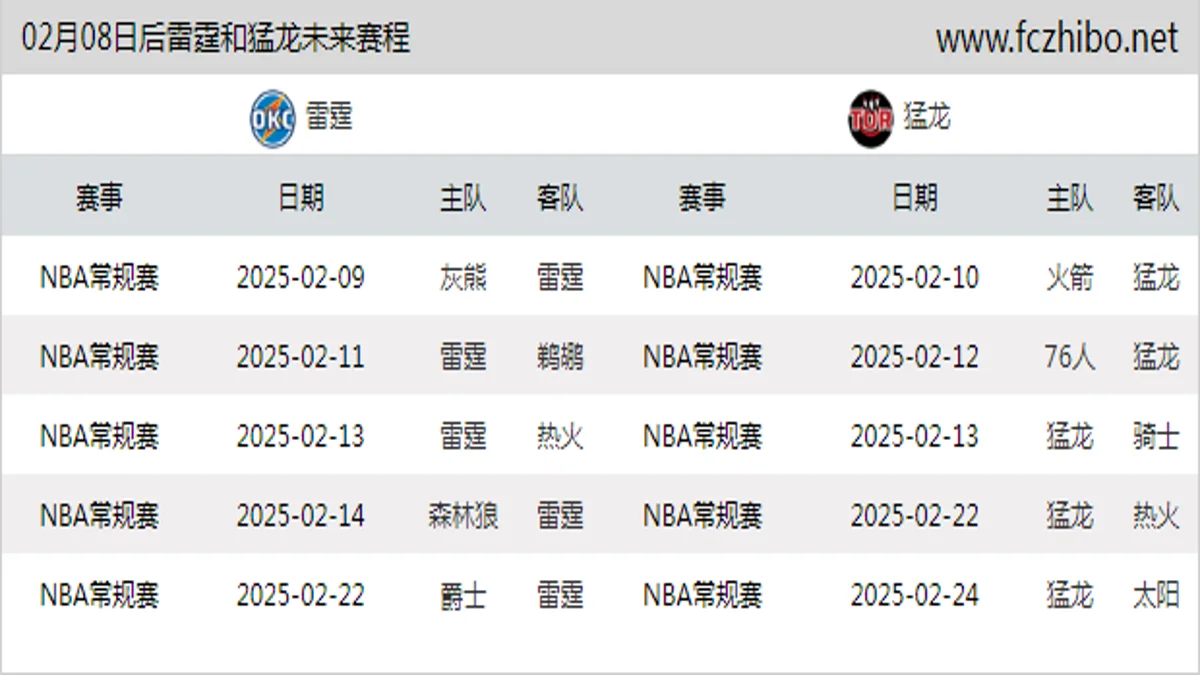 02月08日后雷霆和猛龙近期赛程预览