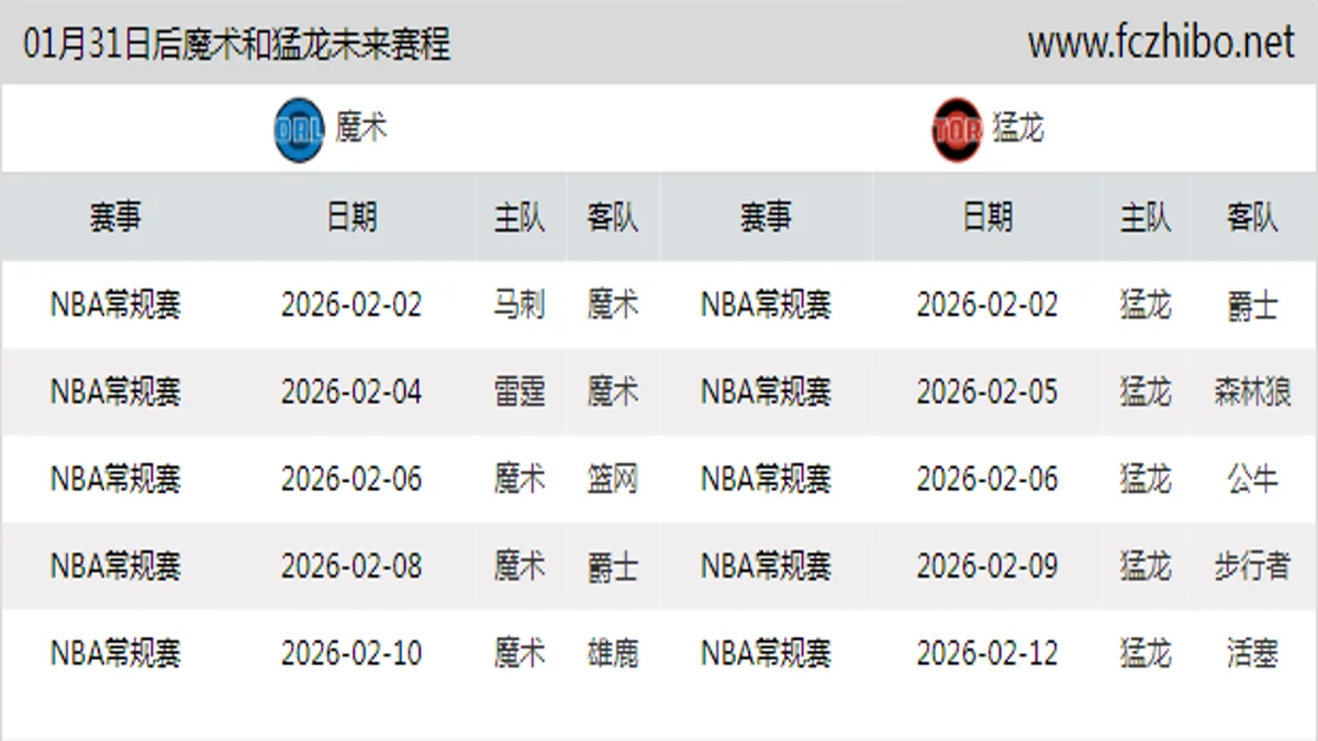 01月31日后魔术和猛龙近期赛程预览