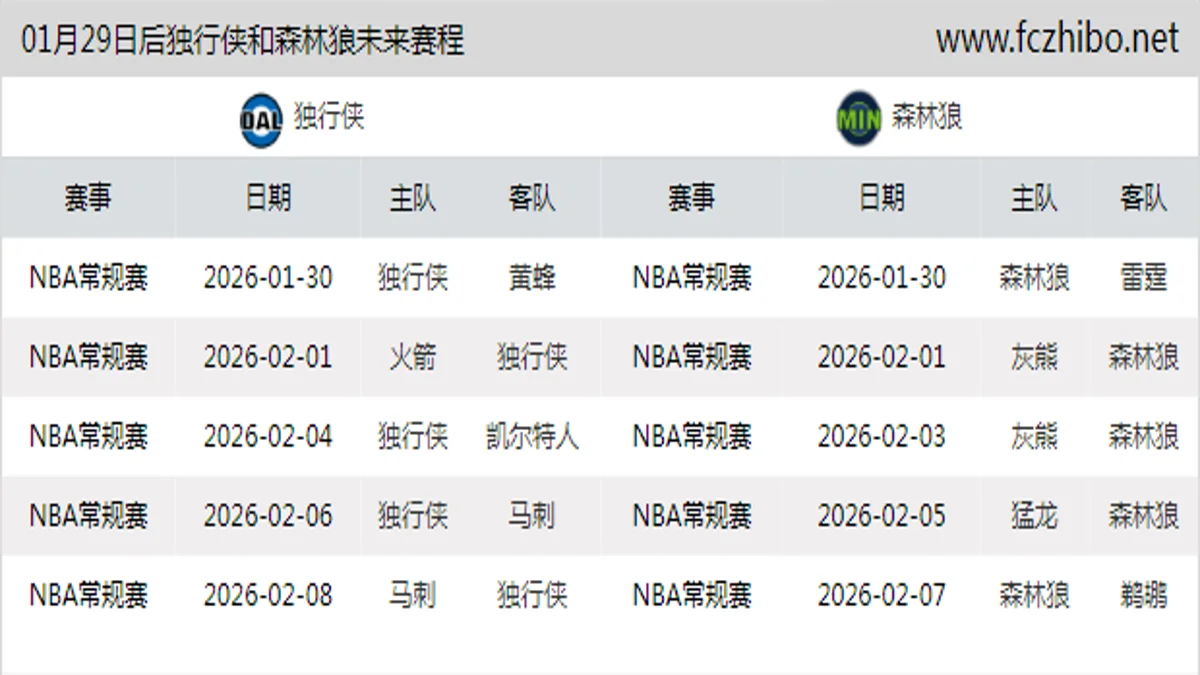 01月29日后独行侠和森林狼近期赛程预览