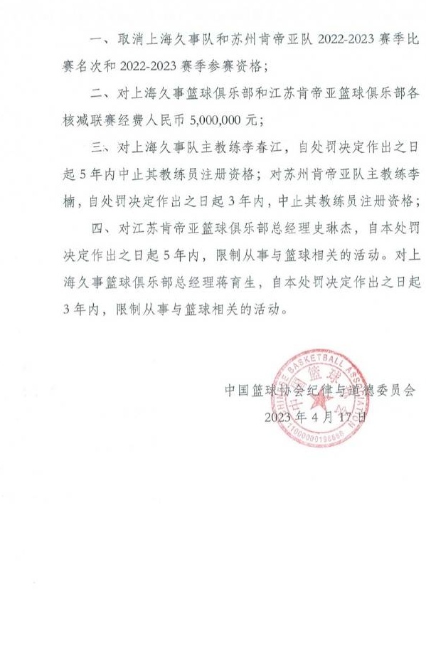 重磅!篮协:取消上海江苏参赛资格 李春江禁赛5年李楠禁赛3年相关图二