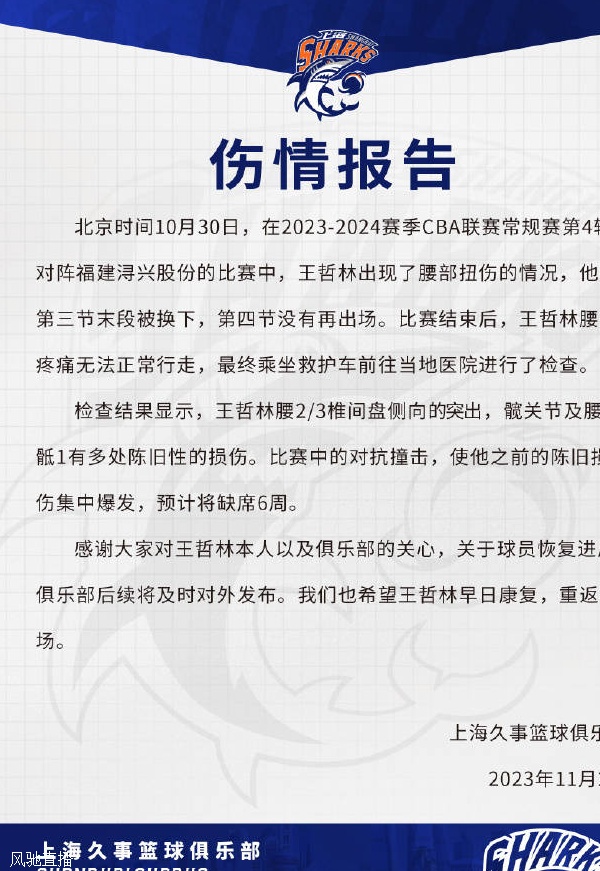 上海男篮：王哲林腰部扭伤无法正常行走 预计缺席6周相关图二