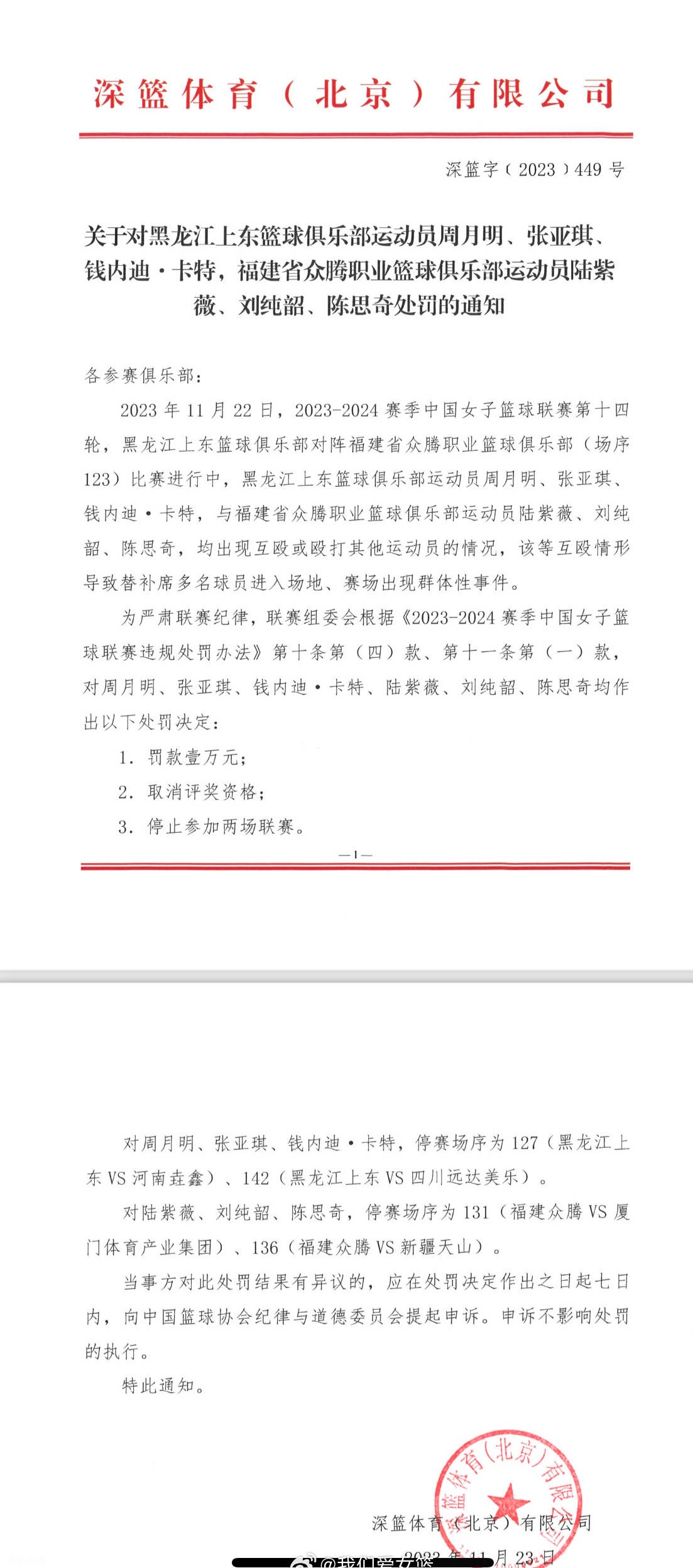 WCBA冲突罚单公布：两家俱乐部20人被处罚相关图三