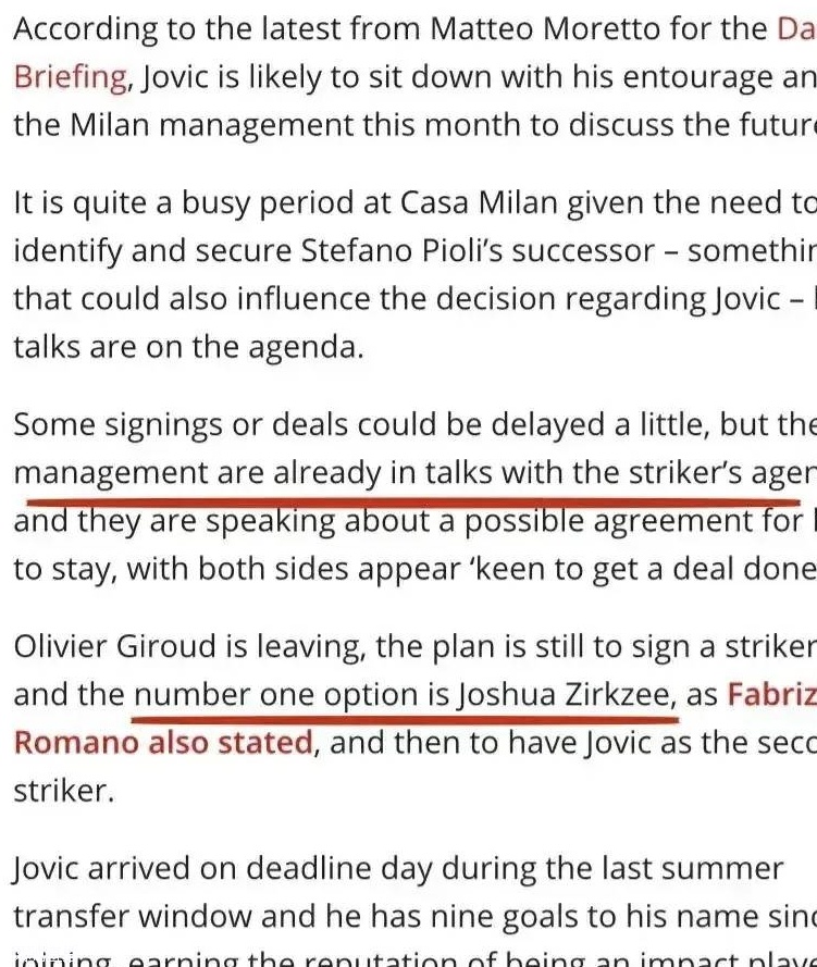 意甲媒体透露：米兰计划让约维奇留下来，目前正在与他的经纪人进行谈判
