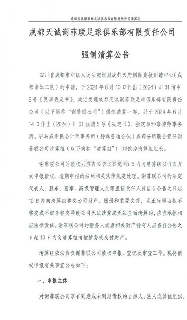 博主：中国足坛第一支外资球队成都天成谢菲联被判强制清算相关图二