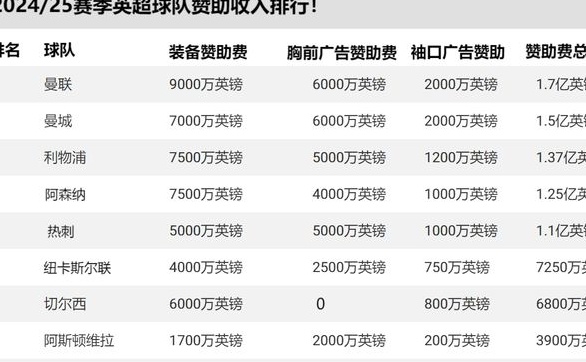 2024/25赛季英超球队赞助商收入排名！相关图二