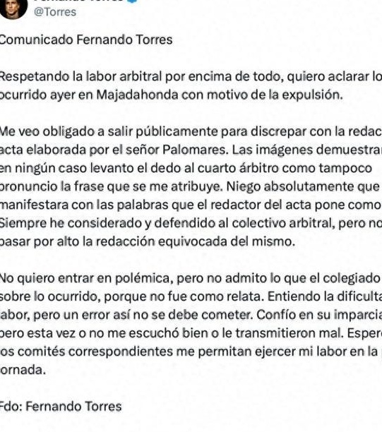 托雷斯在社交媒体上谈到自己的红牌：裁判的报告不准确，不能接受