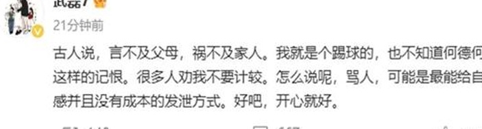 当一名球迷侮辱家人时，武磊表示，“如果我不能和父母交谈，我就无法伤害我的家人，我只是一名足球运动员，”