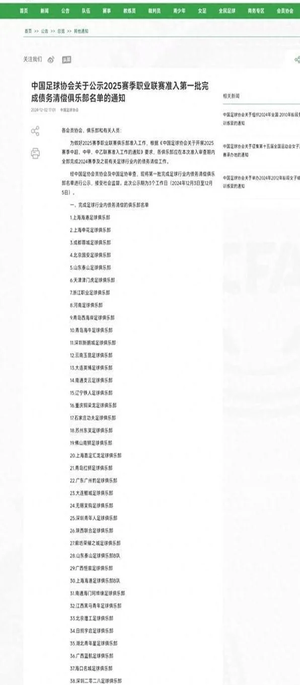 中国足协公布2025赛季债务清偿名单 河南足球俱乐部在列