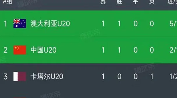 U20亚洲杯最新积分榜：国青2-1卡塔尔开门红，澳大利亚5-1排第1