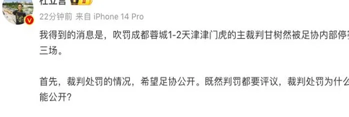 中超名哨遭禁3场！罚下蓉城队长被认定错判 名记质疑足协：没道理相关图五