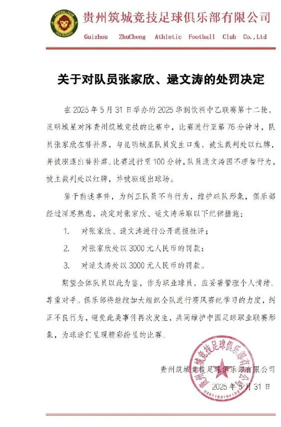 官方：贵州队张家欣禁赛2场，逯文涛禁赛3场，陈隆禁止入场3场相关图四