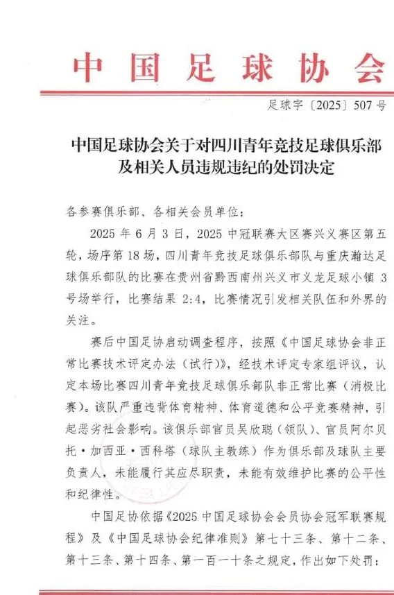 重磅罚单！四川青年竞技禁赛2年，媒体人：津门虎算消极比赛吗相关图二