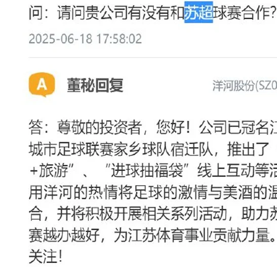 洋河股份：已冠名“苏超”家乡球队宿迁队，将积极开展相关系列活动