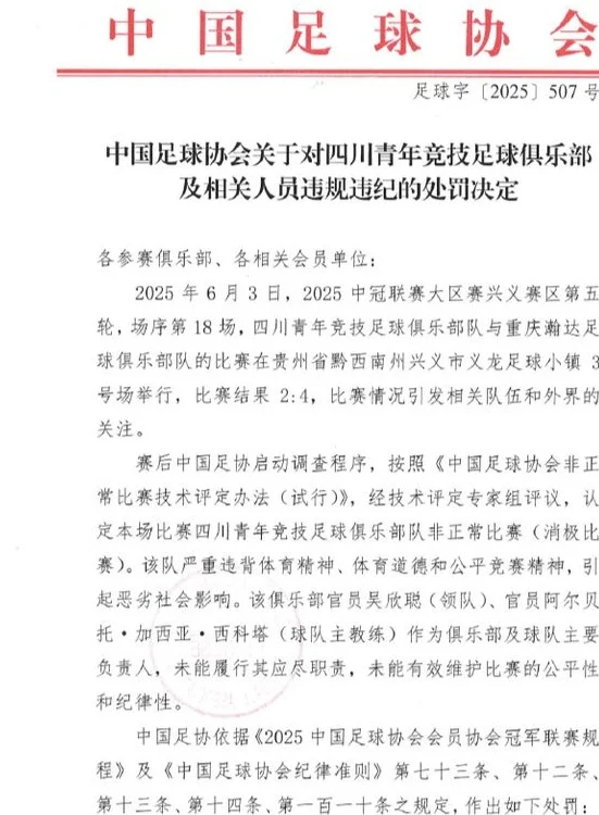 中冠队遭重罚！取消今年成绩+禁赛2年，9分钟丢3球被认定消极比赛相关图三