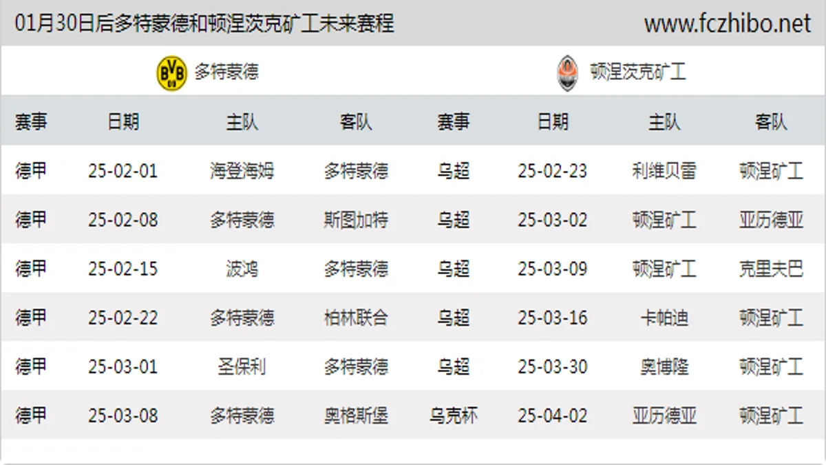 01月30日后多特蒙德和顿涅茨克矿工近期赛程预览