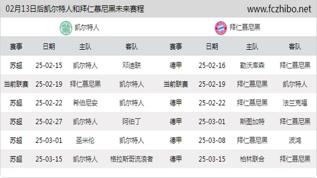 02月13日后凯尔特人和拜仁慕尼黑近期赛程预览