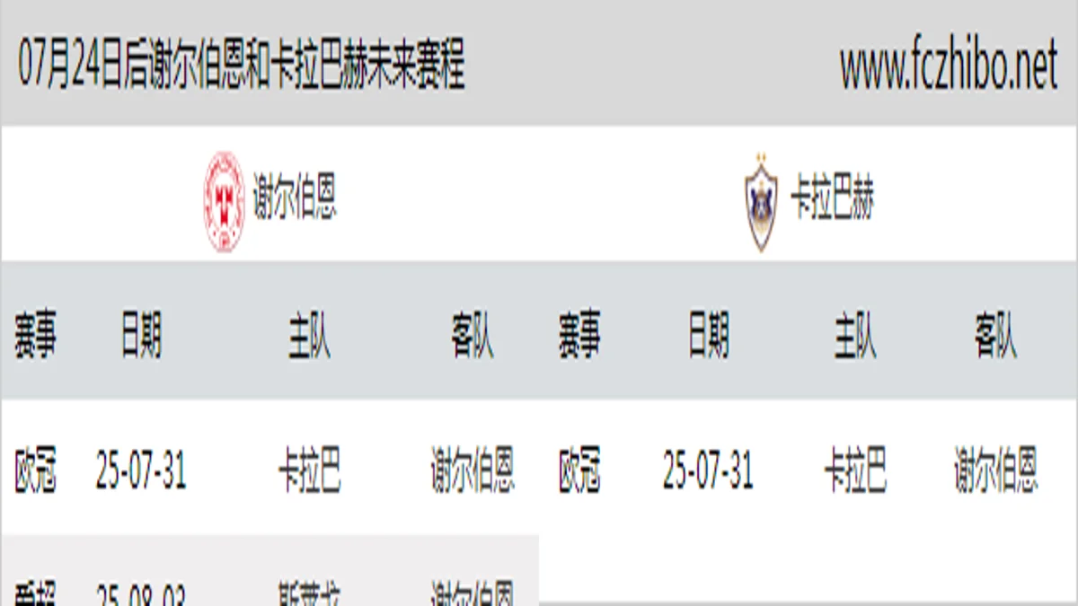 07月24日后谢尔伯恩和卡拉巴赫近期赛程预览