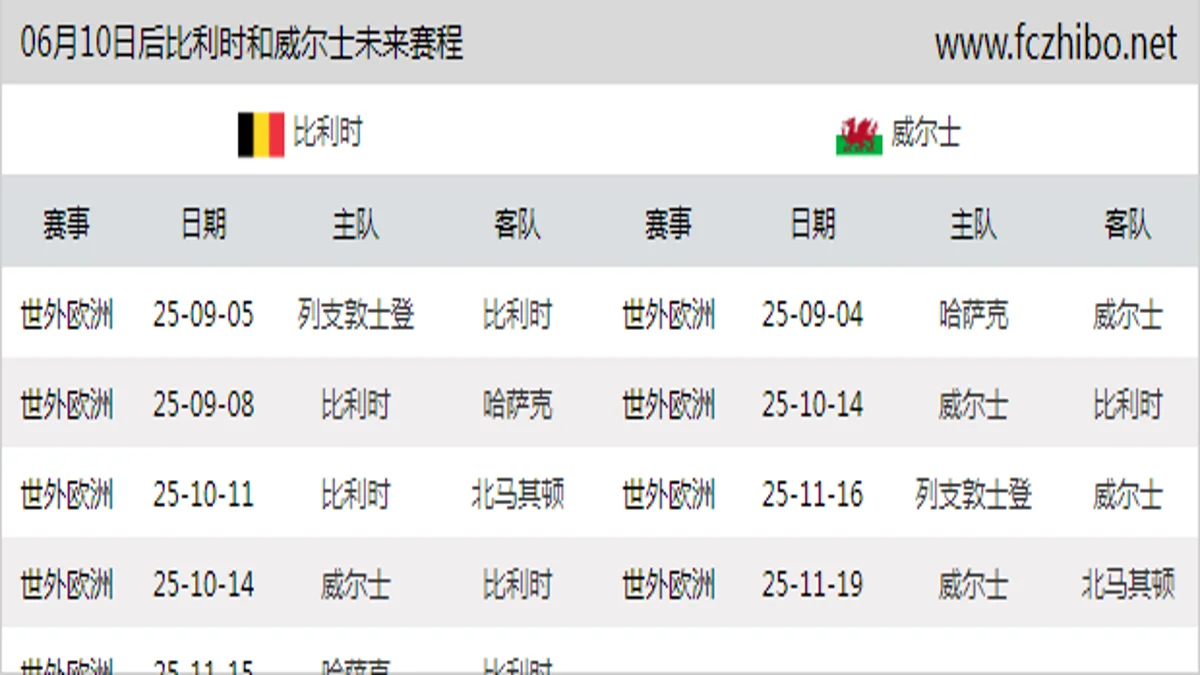 06月10日后比利时和威尔士近期赛程预览