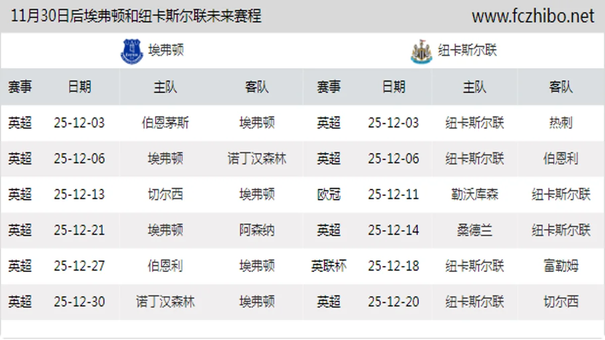 11月30日后埃弗顿和纽卡斯尔联近期赛程预览
