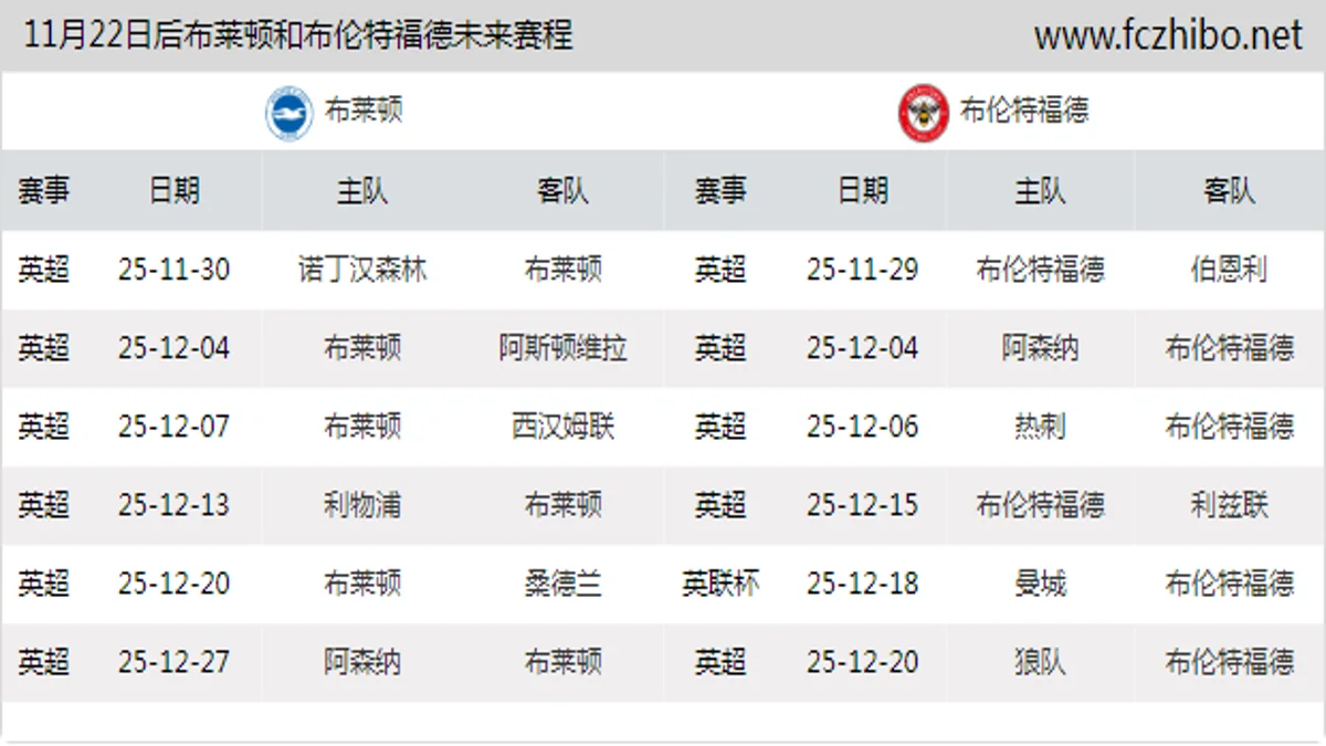 11月22日后布莱顿和布伦特福德近期赛程预览