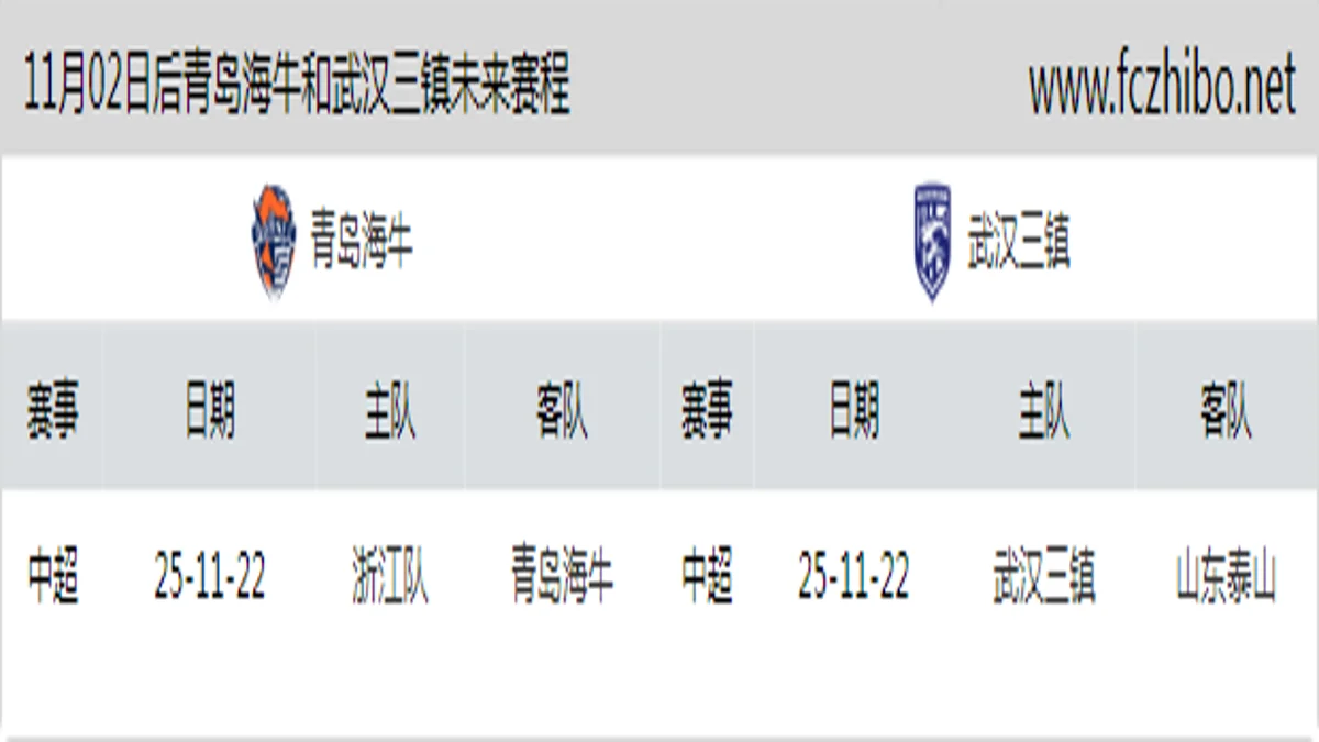 11月02日后青岛海牛和武汉三镇近期赛程预览