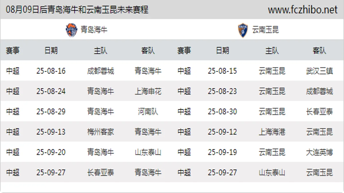 08月09日后青岛海牛和云南玉昆近期赛程预览